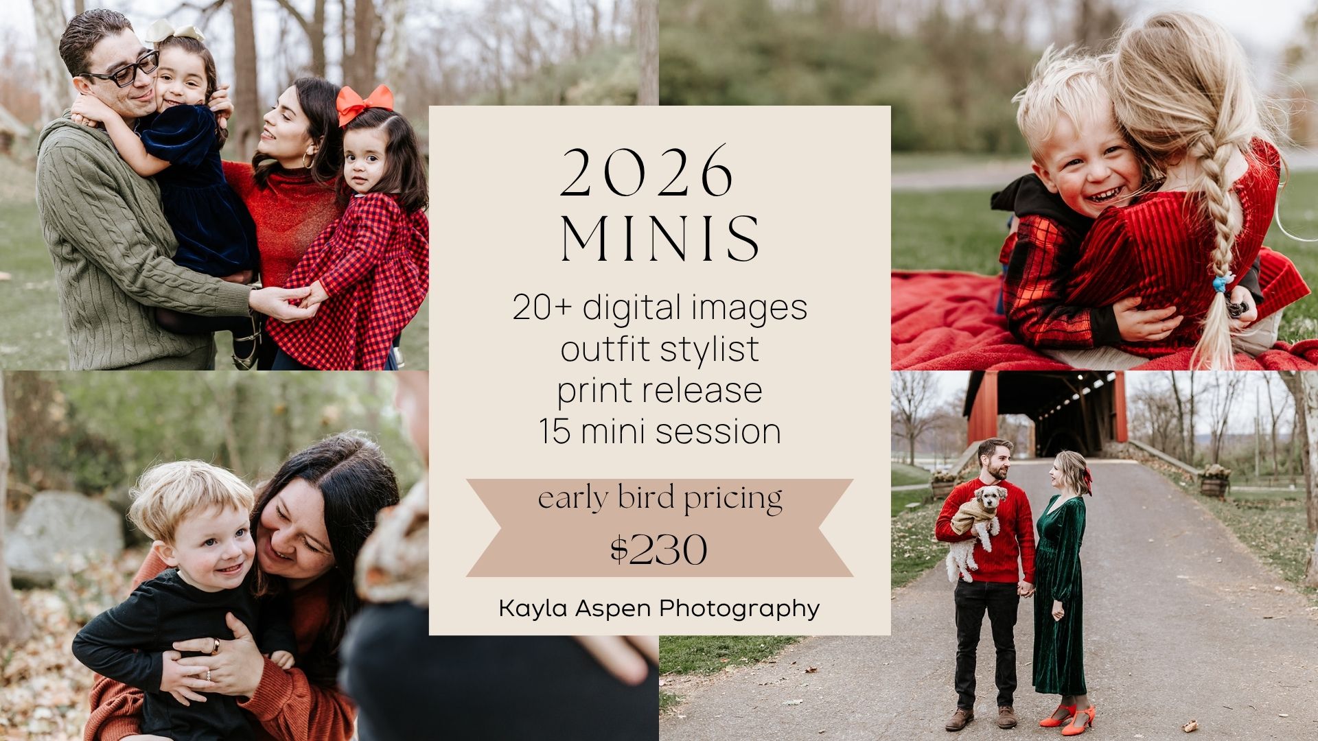 Collage promoting 2026 Fall and Christmas mini sessions featuring families, children, couples and pets during outdoor holiday portraits by a Chester County family photographer.