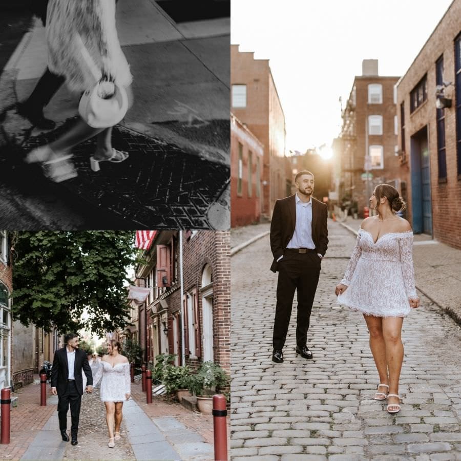 Collage of engagement photos in Old City Philadelphia at Elfreth’s Alley, featuring a couple walking cobblestone streets and candid urban portraits.