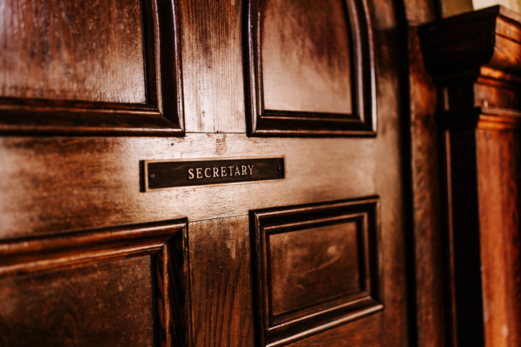 Historic secretary office door detail at Collingswood Grand Ballroom