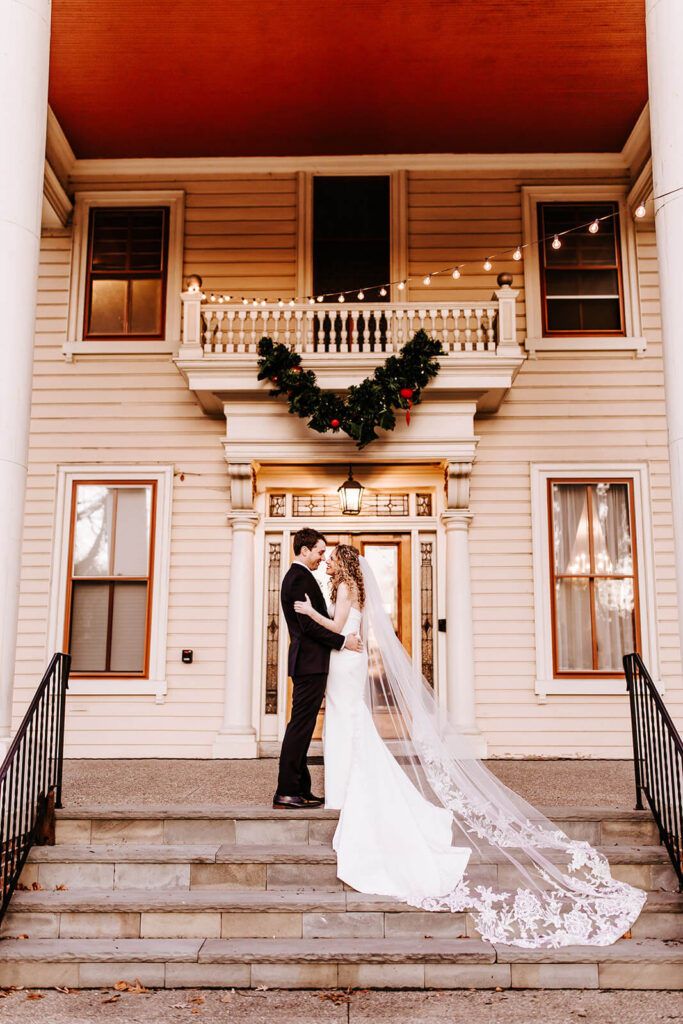 Romantic wedding portrait outside the historic Collingswood Grand Ballroom in South Jersey