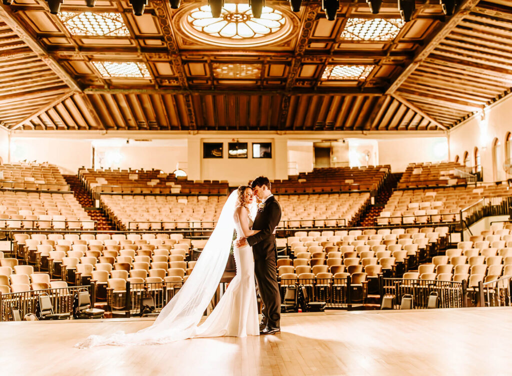 Wedding portrait in the historic theater at Collingswood Grand Ballroom