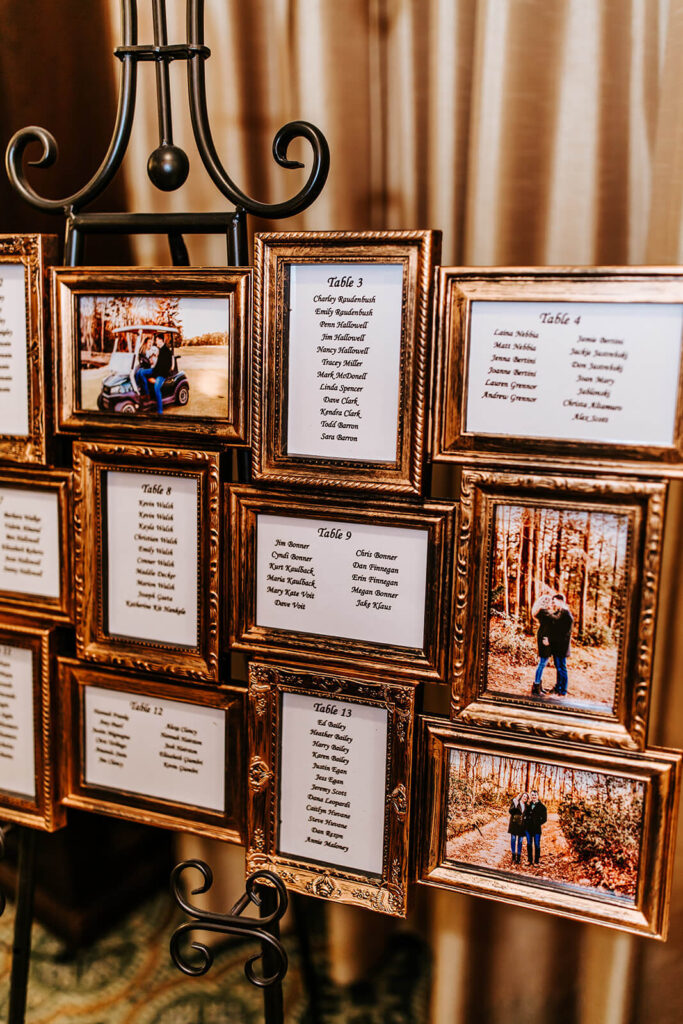 Wedding seating chart display at Collingswood Grand Ballroom reception