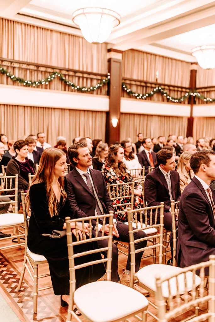 Indoor ceremony setup with podium at Collingswood Grand Ballroom wedding venue