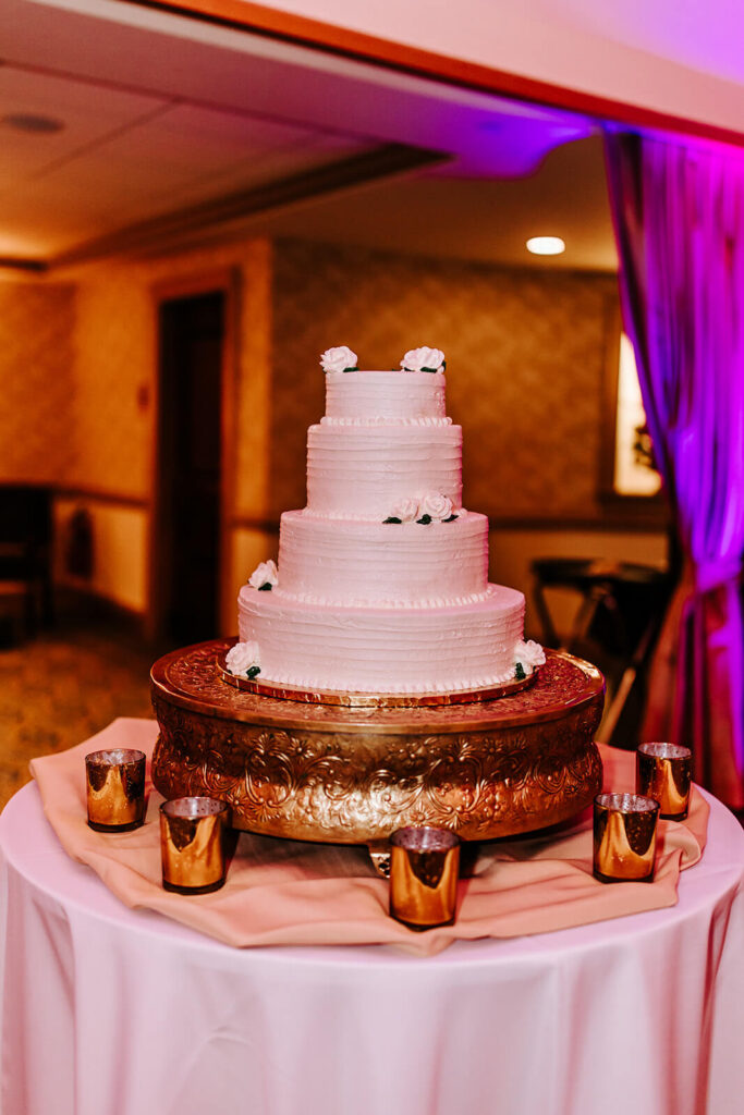 Wedding cake display at the Collingswood Grand Ballroom reception