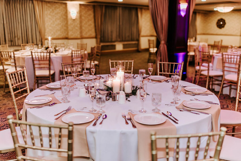 Elegant wedding reception table decor at Collingswood Grand Ballroom