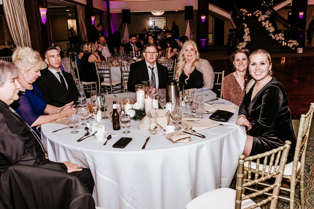 Guests enjoying speeches during a wedding reception at Collingswood Grand Ballroom