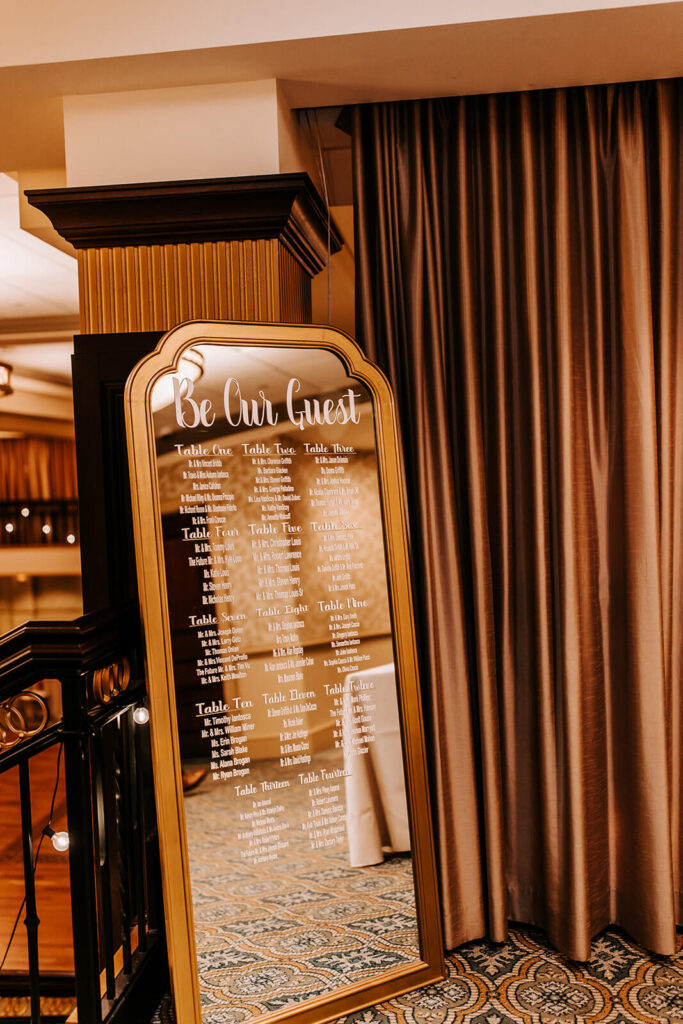 Seating chart display at a Collingswood Grand Ballroom wedding