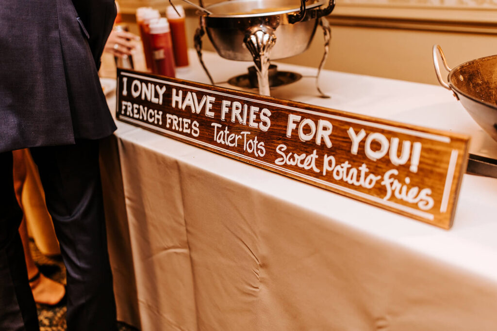 Late-night French fry station at a Collingswood Grand Ballroom wedding reception